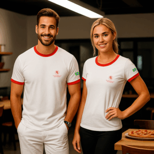 Equipe vestindo uniformes personalizados